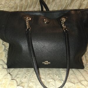Coach Black Leather Tote with Gold Chain Accents